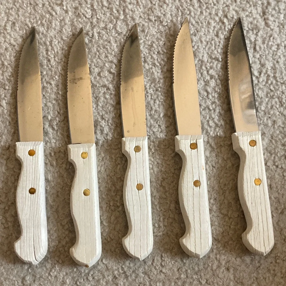 🍽️ Farberware 8 Set Vintage Steak Stainless Steel Knives Blonde Wooden Handle